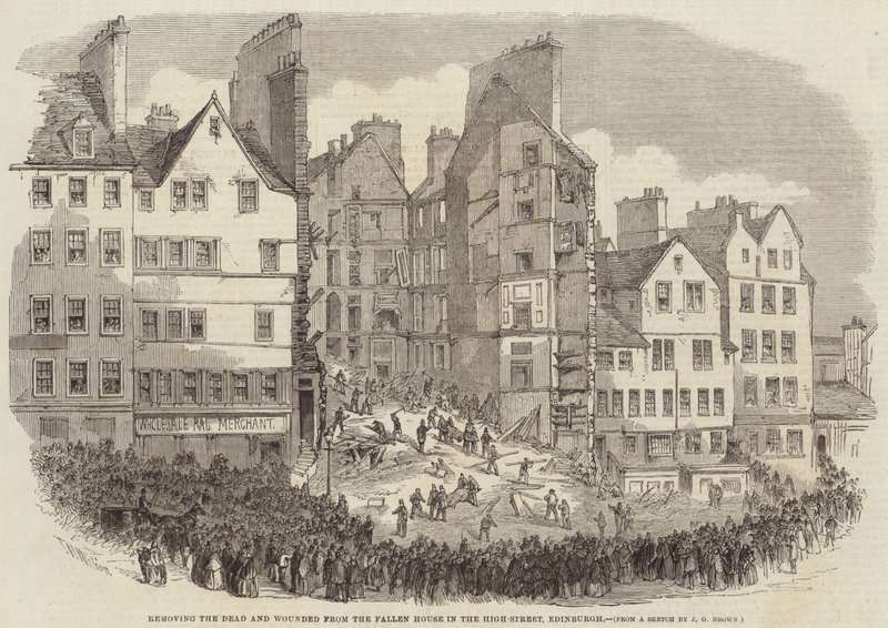 Removing the Dead and Wounded from the Fallen House in the High-Street, Edinburgh  av after Thomas Harrington Wilson