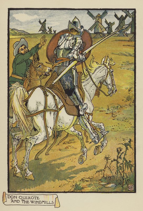 Don Quijote och väderkvarnarna av after Walter Crane
