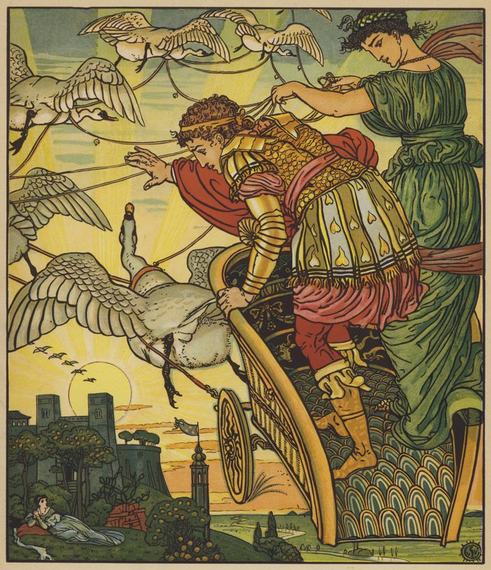 The Fairy of the Desert bär bort kungen av guldgruvorna av after Walter Crane