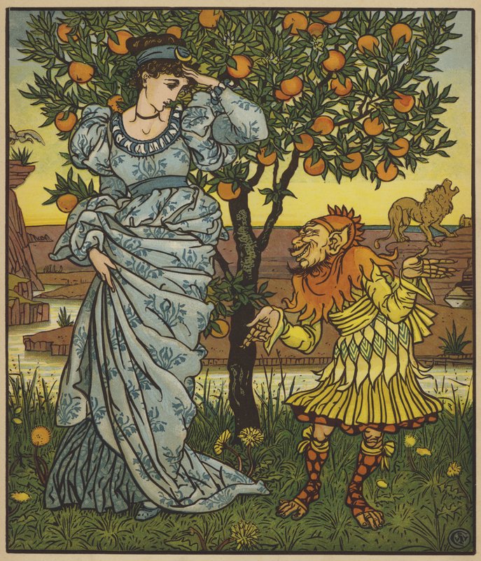 Den gula dvärgen räddar prinsessan från lejonen av after Walter Crane