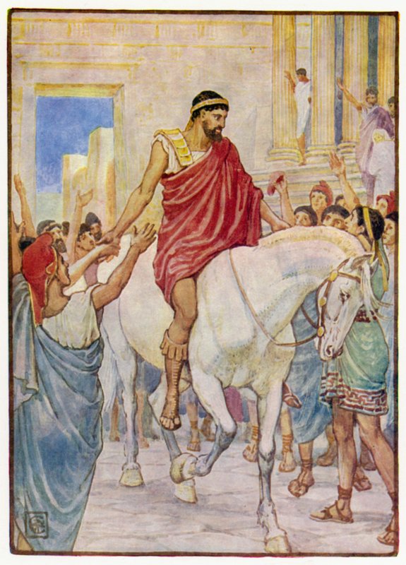 Folkmassan hälsade honom med höga approp av after Walter Crane