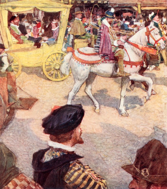 Shakespeare beundrar de fina hästarna i Cheapside, London av after William Hatherell