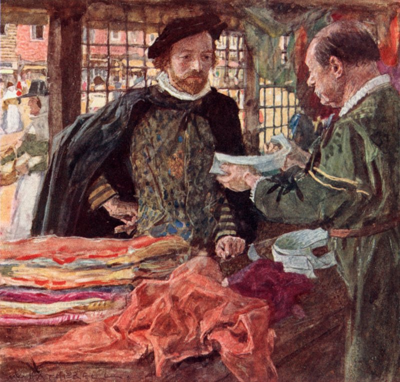 Shakespeare på en Mercers för att köpa sig en av de nya fallande kragarna som ersätter ruffarna av after William Hatherell