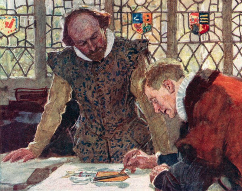 Shakespeare vid Heralds College på Pauls Wharf Hill för att diskutera sin fars vapensköld av after William Hatherell