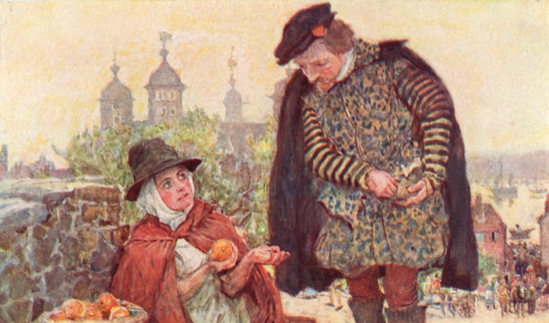 Shakespeare köper en apelsin på två öre från en fruktförsäljare på Tower Hill, London av after William Hatherell