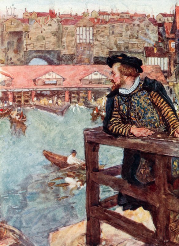 Shakespeare stirrar på vattenkvarnarna nedanför London Bridge av after William Hatherell
