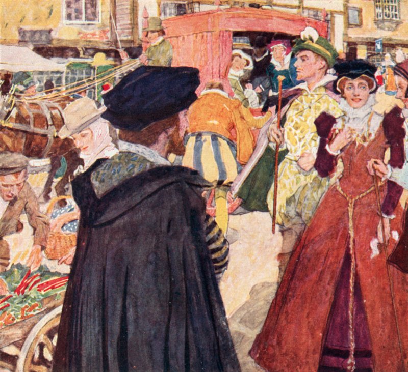 Shakespeare iakttar det dumma modet och upptågarna hos fops på Ludgate Hill, London av after William Hatherell