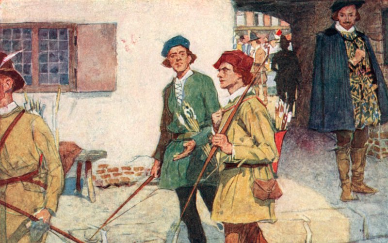 Shakespeare ser ett sällskap av lärlingar med sina pilar och bågar gå till bågskytteområdet i Moorfields, London av after William Hatherell