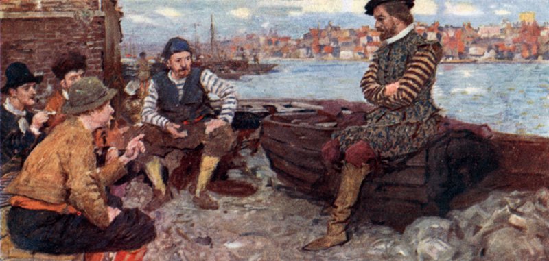 Shakespeare pratar med några av Raleighs män tillbaka från den spanska Main av after William Hatherell