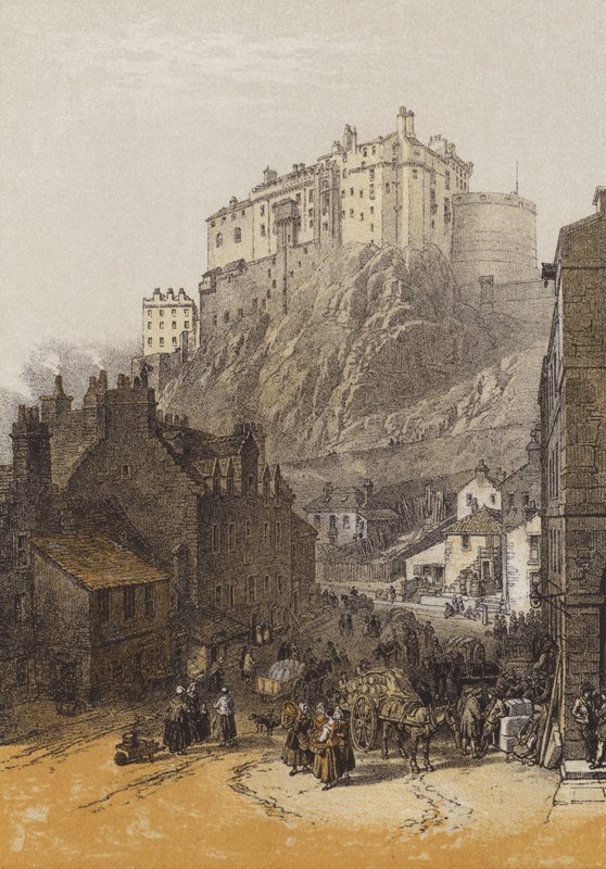 Edinburgh Castle, från Grassmarket (chromolitho) av after William Leighton Leitch