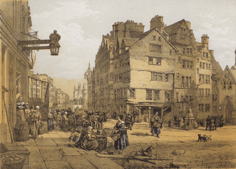 High Street från Head of West Bow, Lawnmarket (chromolitho) av after William Leighton Leitch