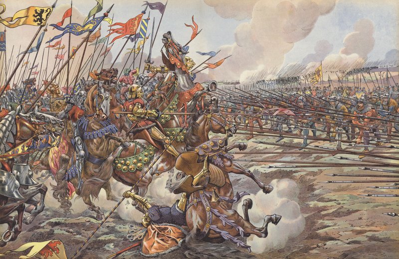 Karl den djärves burgundiska riddare som drevs av schweiziska gäddmän i slaget vid Sonson, 1476 av Onfray de Breville Job