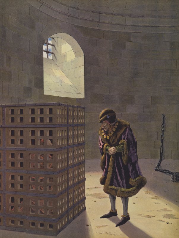Ludvig XI tittar på kardinal Balue, fängslad i en järnbur i fängelsehålorna i Chateau d"Onzain för att ha fascinerat med sin fiende Karl den Djärve, hertig av Bourgogne av Onfray de Breville Job