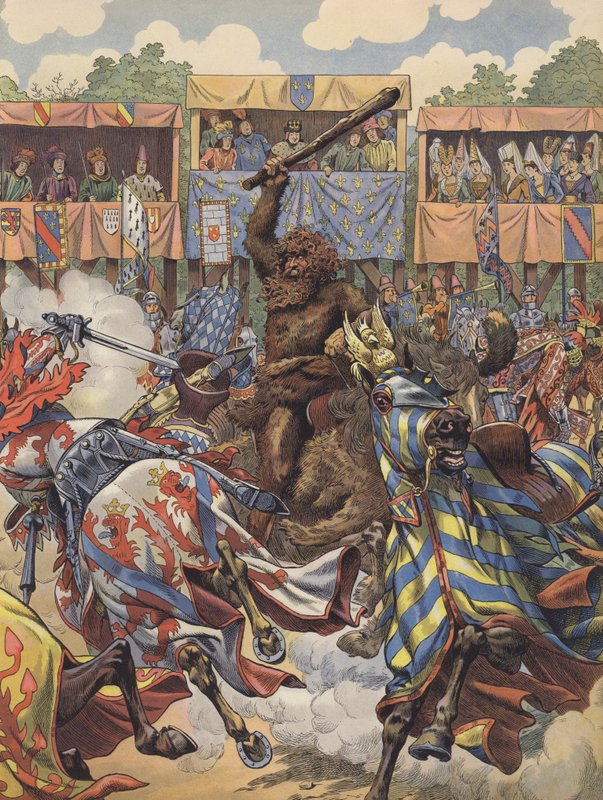 En hirsut jätte avbröt plötsligt turneringen (färg litho) av pseudonym for Onfray de Breville Jacques Job