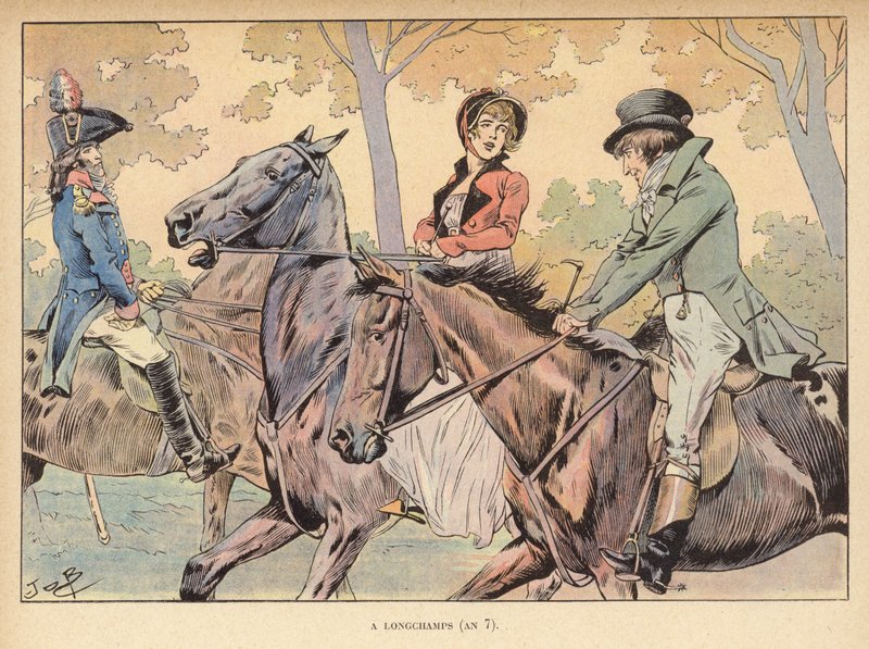 På Longchamps (år 7) (färg litho) av pseudonym for Onfray de Breville Jacques Job