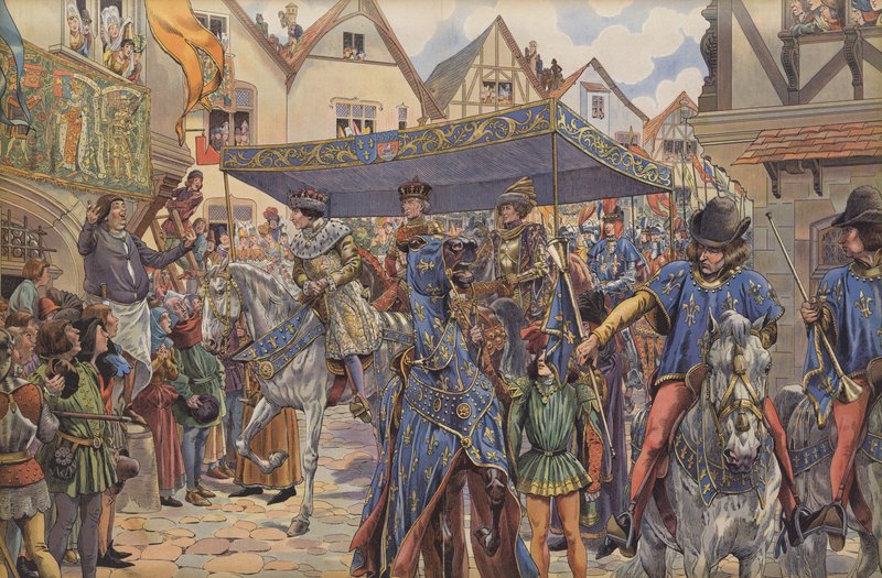 Folkmassor på gatorna i Paris hälsar Ludvig XI när han anländer från Bourgogne för att göra anspråk på sitt kungadöme efter sin fars, Charles VII:s död (färg litho) av pseudonym for Onfray de Breville Jacques Job