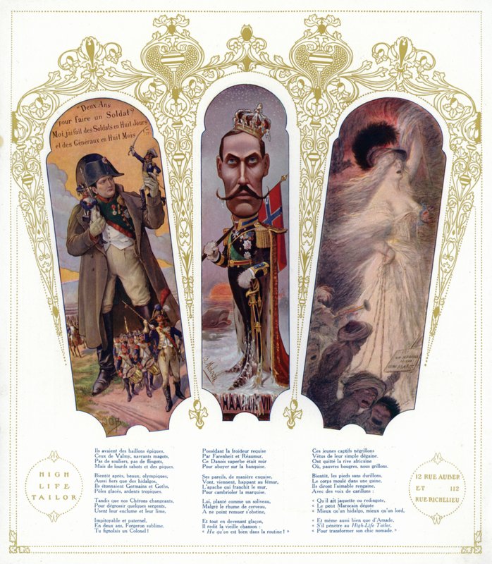 Fransk militär träning, karikatyr av kung Haakon VII av Norge och marockanska immigranter i Frankrike (färg litho) av pseudonym for Onfray de Breville Jacques Job