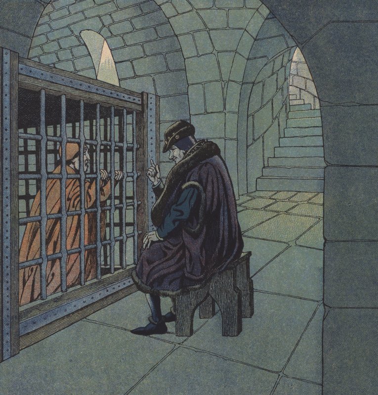 Kung Ludvig XI av Frankrike och kardinal Balue (färg litho) av pseudonym for Onfray de Breville Jacques Job