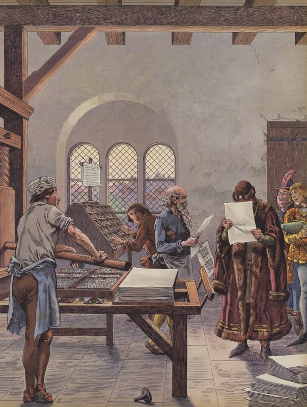 Kung Ludvig XI läser ett dokument tryckt på en press (lito i färg) av pseudonym for Onfray de Breville Jacques Job