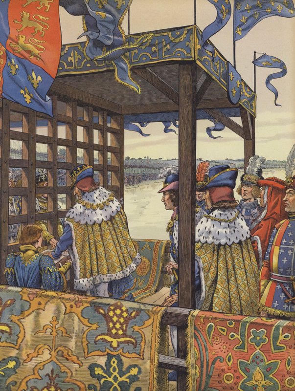 Ludvig XI av Frankrike och Edvard IV av England möttes för att underteckna Picquignyfördraget på vardera sidan om en träbarriär av pseudonym for Onfray de Breville Jacques Job