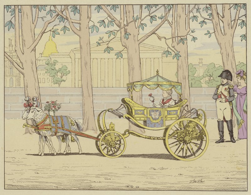 Världens Mästare, han är den lyckligaste av fäder. Napoleon ser kungen av Italien ta sina första steg i en vagn dragen av getter av pseudonym for Onfray de Breville Jacques Job