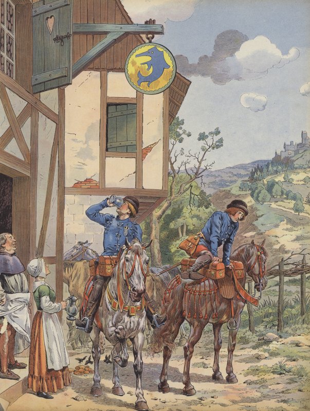 Budbärare som tar förfriskning på ett värdshus vid vägkanten (färg litho) av pseudonym for Onfray de Breville Jacques Job