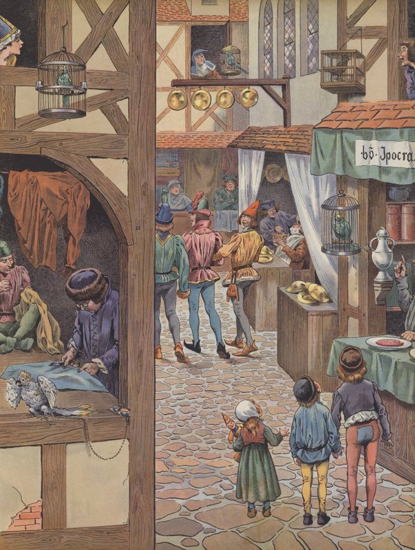 Parisare med burfåglar (färg litho) av pseudonym for Onfray de Breville Jacques Job