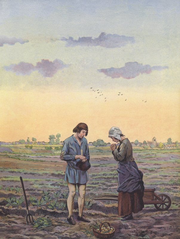 Bönder som pausar från sitt arbete på fälten för böner enligt befallning av kungen (färg litho) av pseudonym for Onfray de Breville Jacques Job