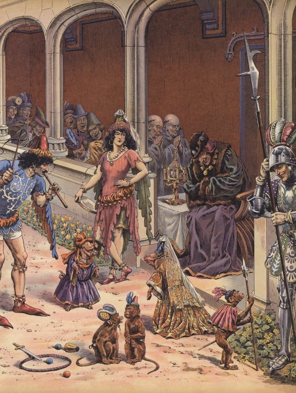 Skådespelare som underhåller den åldrade kung Ludvig XI av Frankrike (färg litho) av pseudonym for Onfray de Breville Jacques Job