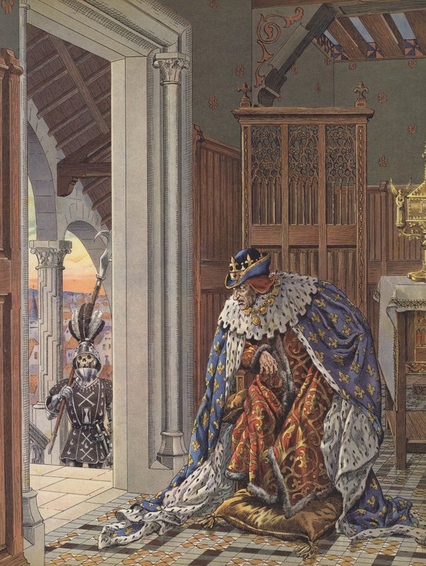 Den åldrade kung Ludvig XI av Frankrike fruktar döden (färg litho) av pseudonym for Onfray de Breville Jacques Job