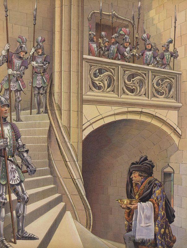 Frisören klättrade uppför trappan mot kungens kammare, förbi de många beväpnade vakterna (färg litho) av pseudonym for Onfray de Breville Jacques Job