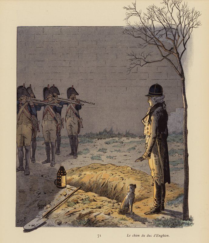 Hertigen av Enghiens hund (färglitografi) av pseudonym for Onfray de Breville Jacques Job