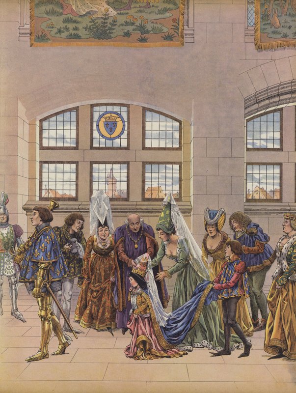 Den treåriga Margareta av Österrike anländer för att presenteras för Dauphin Charles, son till kung Ludvig XI av Frankrike, som hans blivande brud (färg litho) av pseudonym for Onfray de Breville Jacques Job