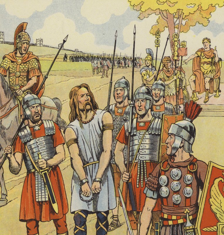 Vercingetorix kapitulerar till Julius Caesar, 52 f.Kr. (färg litho) av pseudonym for Onfray de Breville Jacques Job
