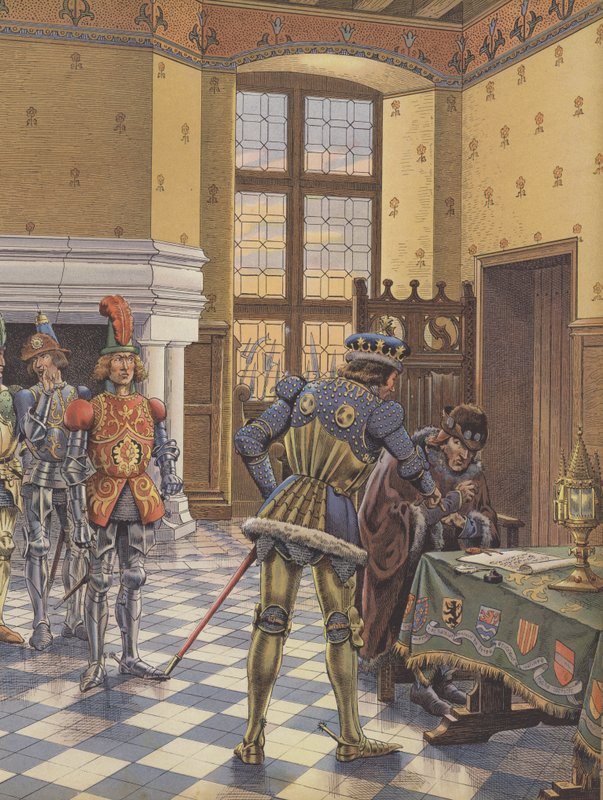 Karl den djärve, hertig av Bourgogne, lägger ett fördrag inför kung Ludvig XI och kräver att han undertecknar det av pseudonym for Onfray de Breville Job