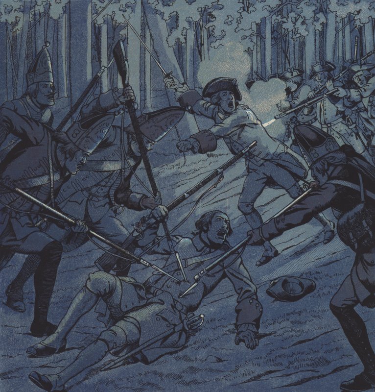 Sergeant Dubois och Chevalier d"Assas vid slaget vid Kloster Kampen, 1760 av pseudonym for Onfray de Breville Job