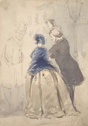 Street Scene från Vanity Fair, med Amelia, George Osborne och Dobbin recto..., 1800-1819.