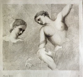 Kvinnliga karaktärer. Längst ned till vänster "Tiziano Dipinse". Gravyr av Giorgio da Castelfranco känd som Giorgione (1476/1478-1510) Kunsthistorisches Institut, Florens