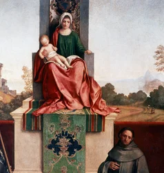 Madonna och barn mellan Saint Nicasius och Saint Francis, även känd som Castelfranco Madonna, ca 1502 (tempera på panel)