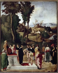 Moses barn utsatt för provet med eld och guld av farao. detalj (Olja på trä, ca 1502)