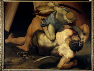 David och Goliat. Målning på dubbelsidig skiffer av Daniele da Volterra (1509-1566), italienska skolan, 1500-talet, 1,33 x 1,72 m, Paris, Musée du Louvre