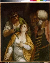 Martyren av Saint Justine (Martyren av Saint Justine). Justina av Padua (född på 300-talet-304), martyr från det antika Rom, genomborrades med ett svärd. Målning av Paolo Veronese (1528-1588), olja på duk. Italiensk konst (Venedig)