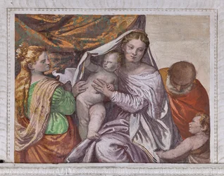 Madonna med spädbarnet Jesus och St. Catherine erbjuder en duva till Jesus, södra väggen i rummet med den lilla hunden, detalj av 2632659