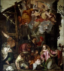Tillbedjan av herdar. Målning av Paolo Caliari kallad Paolo Veronese (1528-1588), ca 1565. Mått: 350x290cm. Olja på duk. Venedig, SS-basilikan. Giovanni e Paolo (San Zanipolo), rosenkransens kapell. Venedig (basilikan av de heliga Giovanni och Paolo (