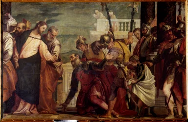 Jesus Kristus och centurionen. Centurionen i Kapernaum bad Jesus att kriga sin förlamade tjänare. Målning av Paolo Veronese (1528-1588) 1500-talet sön. 1,92x2,97 m Madrid, Pradomuseet