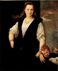Porträtt av en kvinna med ett barn och en hund (Francesco Bevilacquas barn?) Målning av Paolo Veronese Caliari (1528-1588) 1500-talet sön. 115x95 cm Paris, Louvren