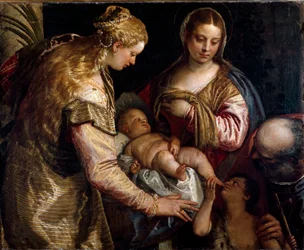 Den heliga familjen med Saint Barbe och Saint John the Baptist. Målning av Paolo Caliari kallad Paolo Veronese (1528-1588), cirka 1562. Olja på duk. Mått: 86x122cm. Firenze, Galleria degli Uffizi (Florens, Uffizimuseet)