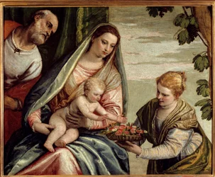 Den heliga familjen med en donator (Saint Dorothee) Målning av Paolo Veronese (1528-1588) 1500-talet sön. 0,76x0,94 m Bordeaux, Musee des Beaux Arts - Den heliga familjen med en donator (Saint-Dorothea). Målning av Veronese (Paolo Caliari) (1528-1588)