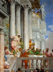 Bröllopet i Cana, detalj: kolumner och balkong. Fresk av Paolo Veronese (1528-1588) Ec. fre.