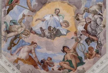 Universal Harmony omgiven av gudar: Zeus med en örn, Mars, Apollo med lyran, Venus, Merkurius med caduceus, Diana med hundar och Saturnus, den centrala oktagonen i Olympus Hall